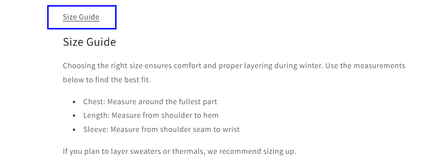 Size guide information for desktop and mobile